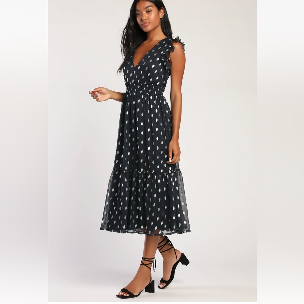 Cause to Celebrate Navy and Silver Dot Ruffled Tiered Midi Dress